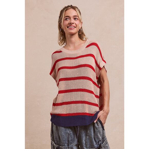 BiBi Fourth Of July Stripe Pattern Drop Shoulder Pullover Sweater | Oatmeal/Red - Picture 2 of 9